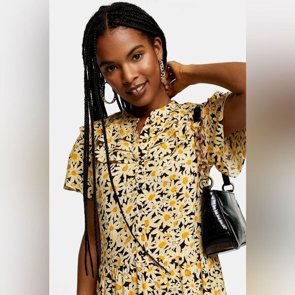 NEW TOPSHOP Yellow Daisy Grandad Midi Shirt Dress Floral Yellow Dress Size 2 - Picture 2 of 12